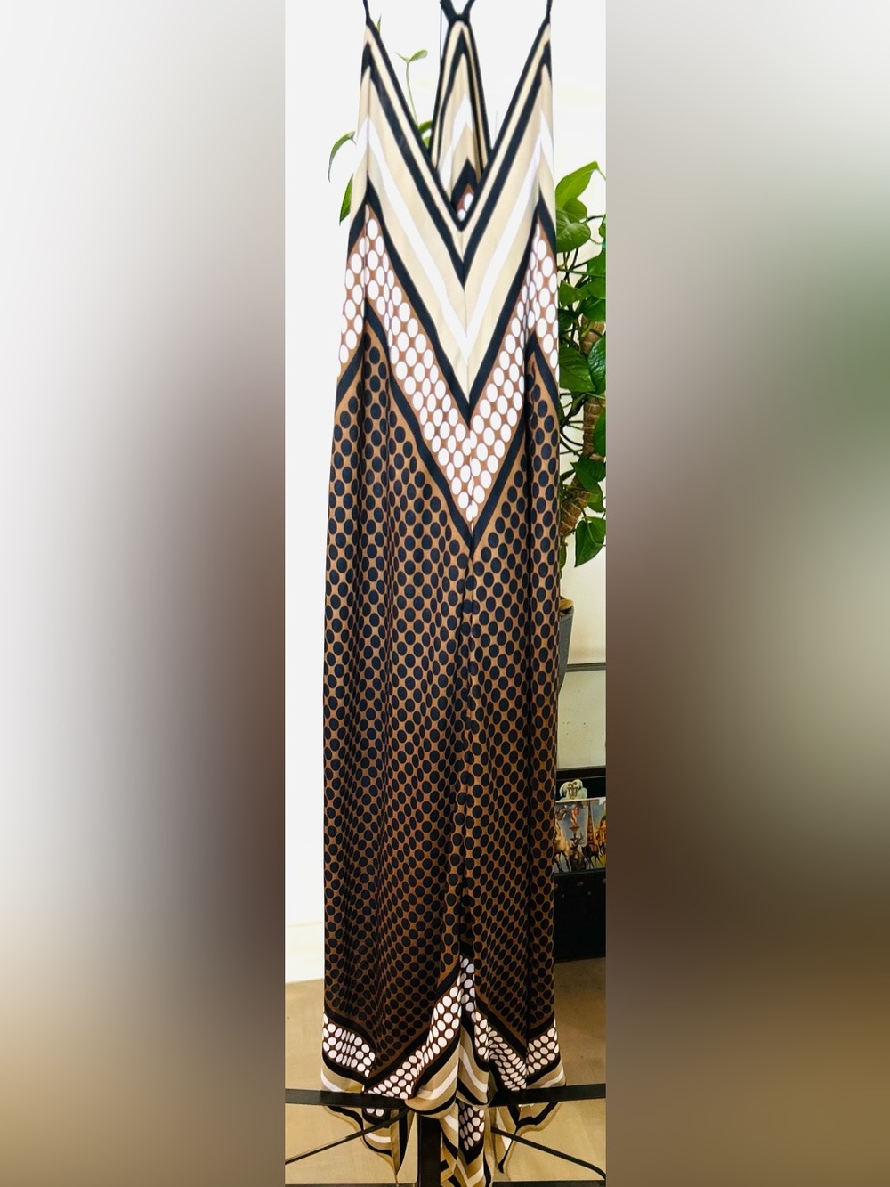 Michael Kors Collection silky/ flowing Brown/Navy/White Polka Dot Maxi Dress